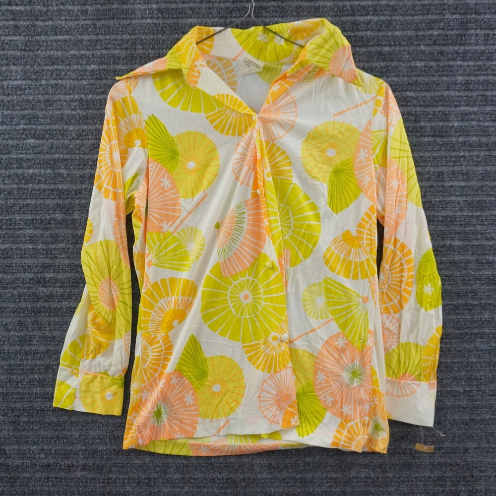 Vintage 70s MW Parasol Print Blouse Womens Medium Yellow Dagger Collar